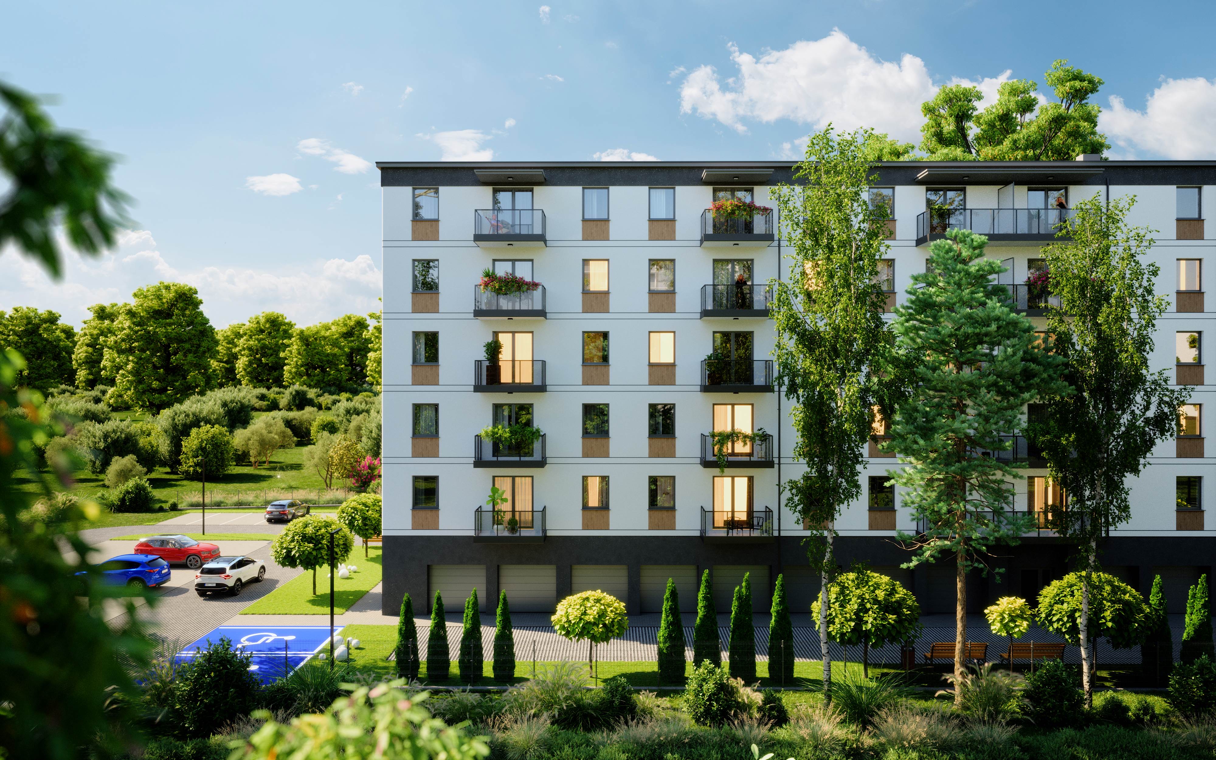 Okolica inwestycji z zielenią i nowoczesną architekturą